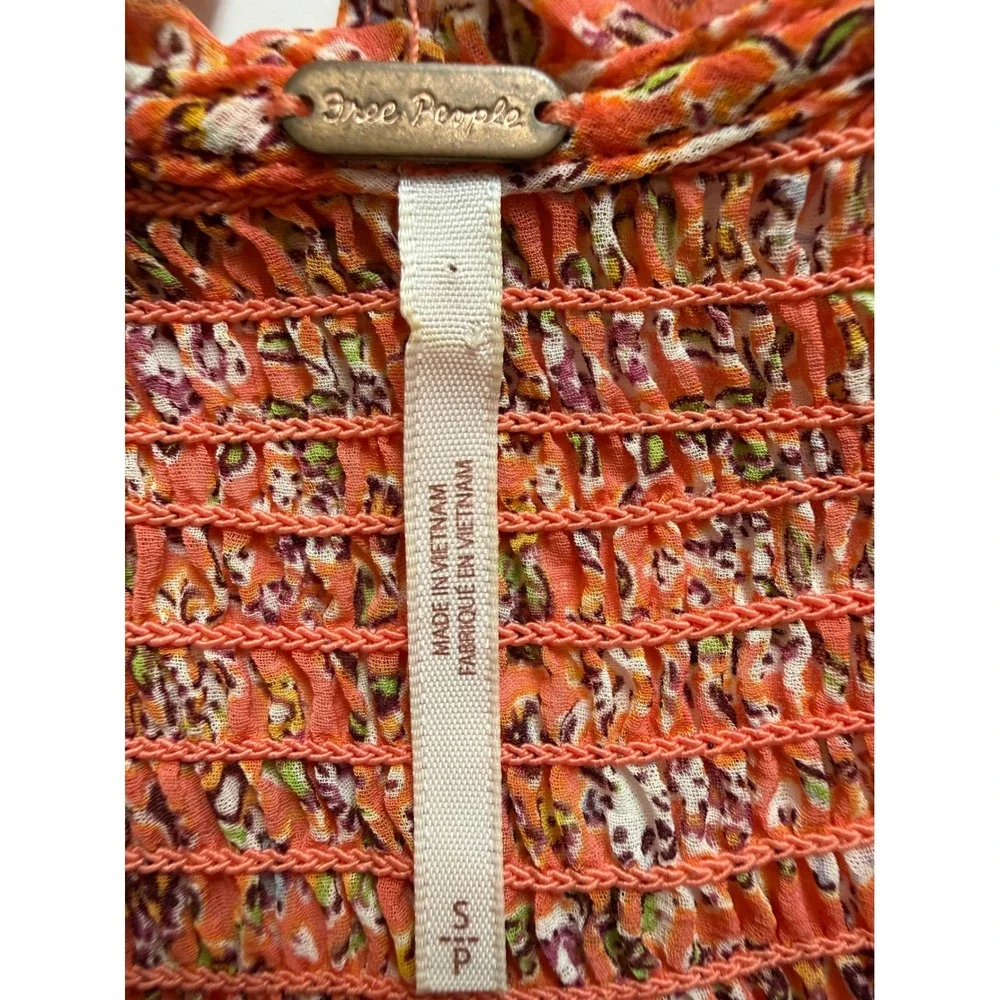 Free People Rare Feelings Blouse Orange Floral Smocked V-Neck Top OB1010657 S